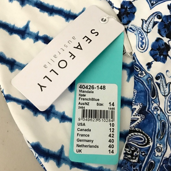 SEAFOLLY Bikini Bottom Hipster Mandala Reversible French Blue Women’s Size 10 - Picture 7 of 14